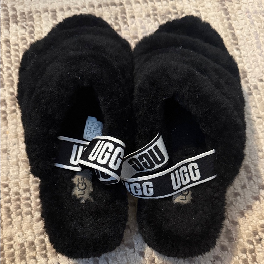 UGG Black Fluffy Slides with Logo Strap